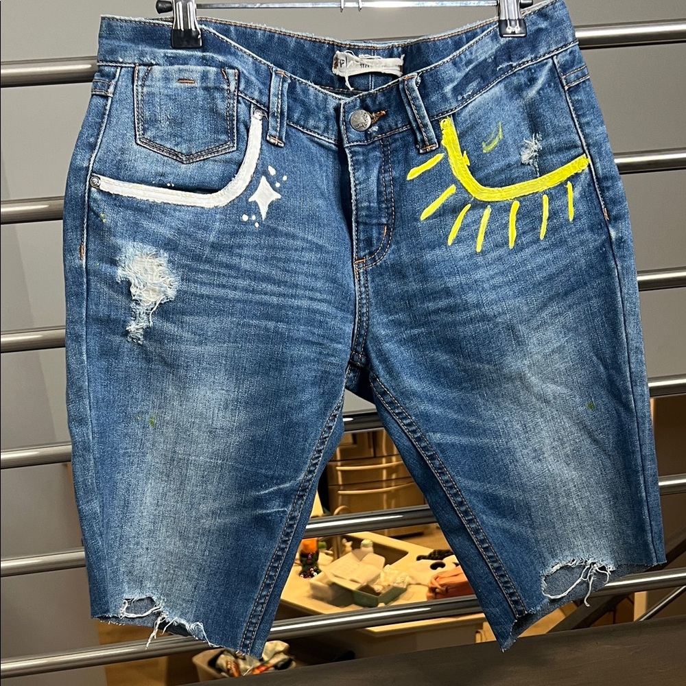 Free People Blue Jean Shorts with Yellow Accents hand painted